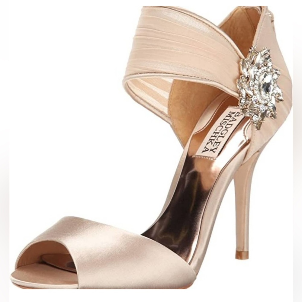 Badgley Mischka Satin Peep-Toe Heels - Cream with Embellishment